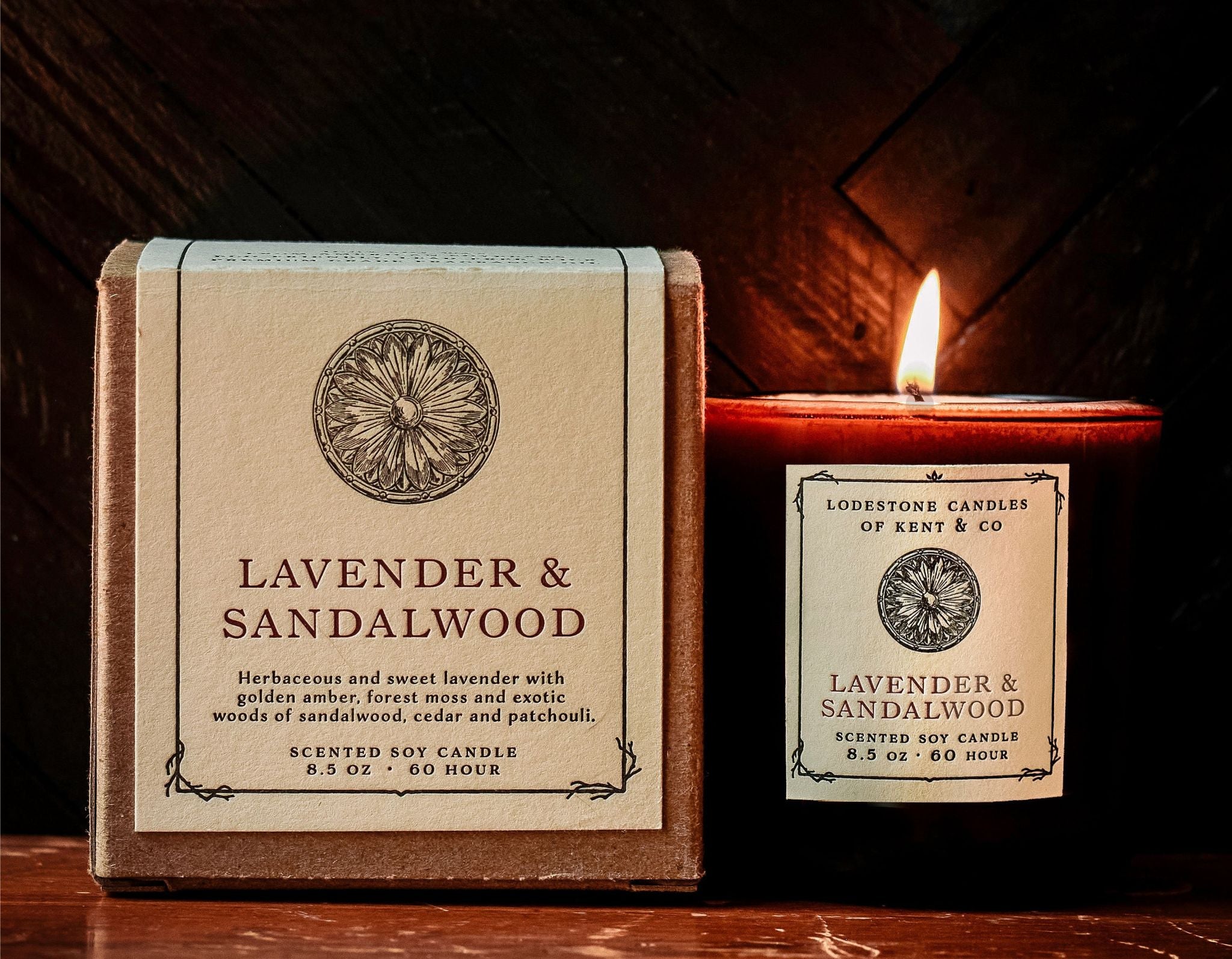 Lodestone Lavender & Sandalwood candle with forest moss and patchouli.