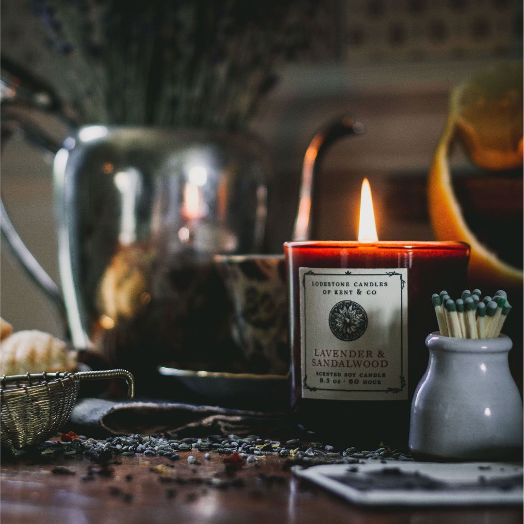 Lodestone Lavender & Sandalwood candle with forest moss and patchouli.