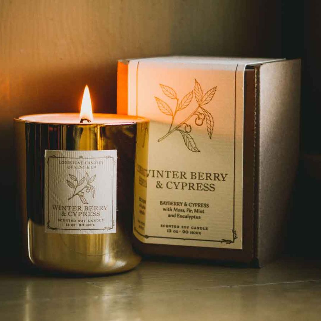 Lodestone Candles Winter Berry & Cypress candle with eucalyptus and fir.
