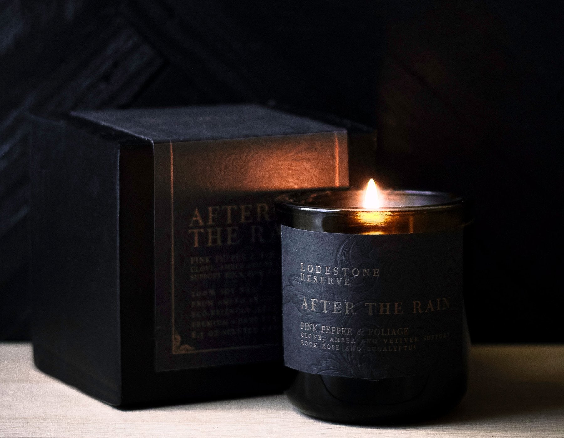 Lodestone Candles After the Rain candle with eucalyptus, vetiver, and amber.