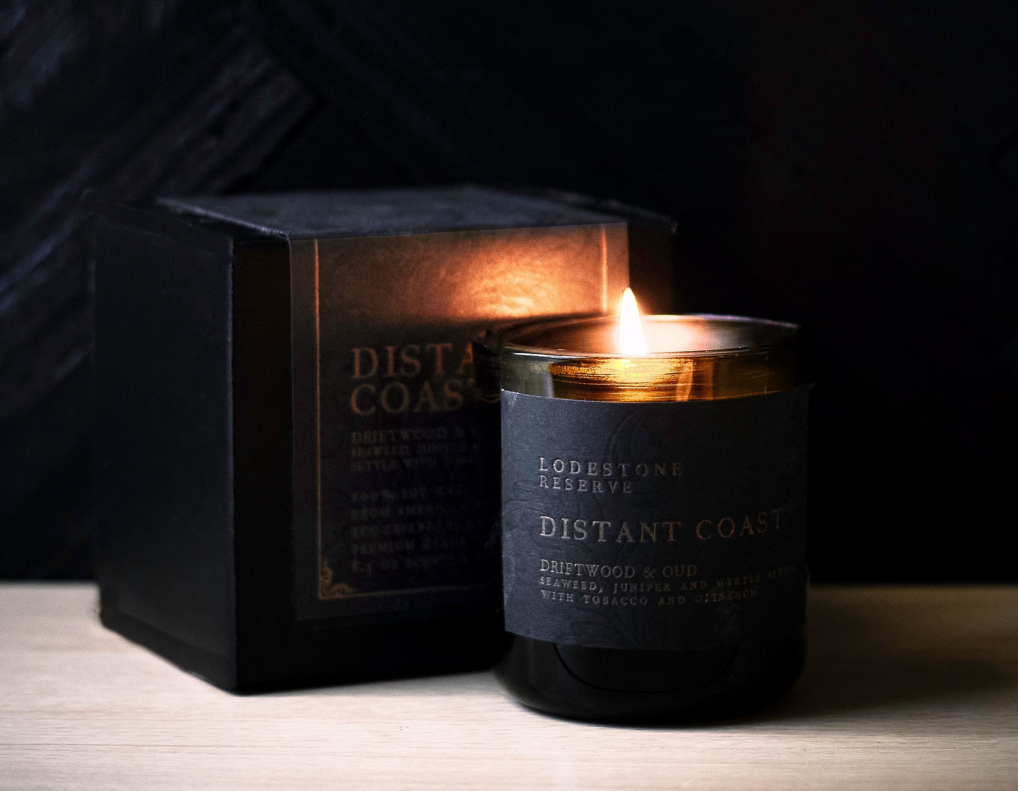 Lodestone Distant Coast candle with ocean breeze, driftwood, and tobacco.