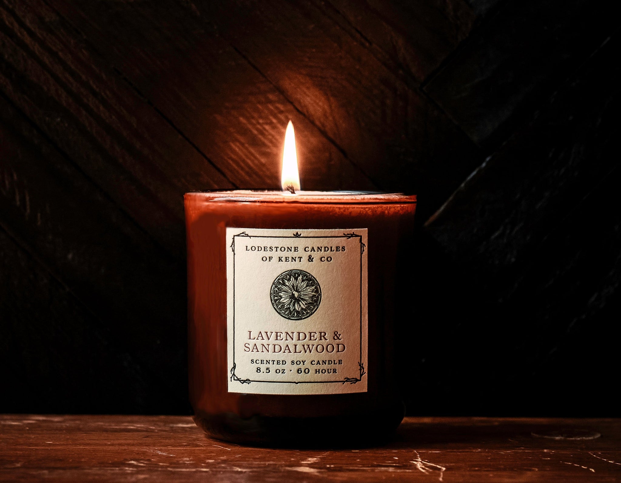 Lodestone Lavender & Sandalwood candle with forest moss and patchouli.