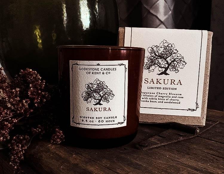 Lodestone Candles Sakura candle with cherry blossom and sandalwood.