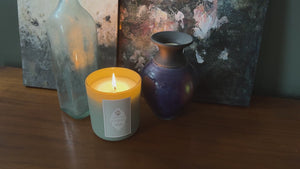 Lodestone Candles Violet & Moss candle with green galbanum, clove, orange, patchouli, sandalwood, pinion, and a woody amber, cedarwood, and tonka base.