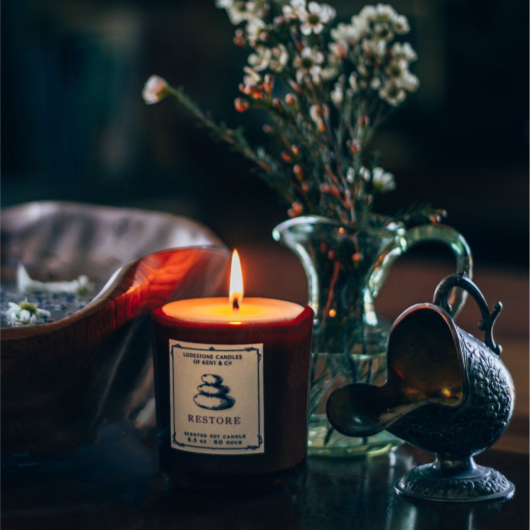 Lodestone Candles Restore soy wax candle with vetiver, eucalyptus, and vanilla.