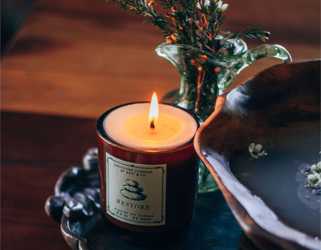 Lodestone Candles Restore soy wax candle with vetiver, eucalyptus, and vanilla.