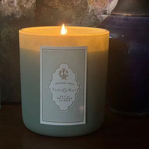 Lodestone Candles Violet & Moss candle with green galbanum, clove, orange, patchouli, sandalwood, pinion, and a woody amber, cedarwood, and tonka base.