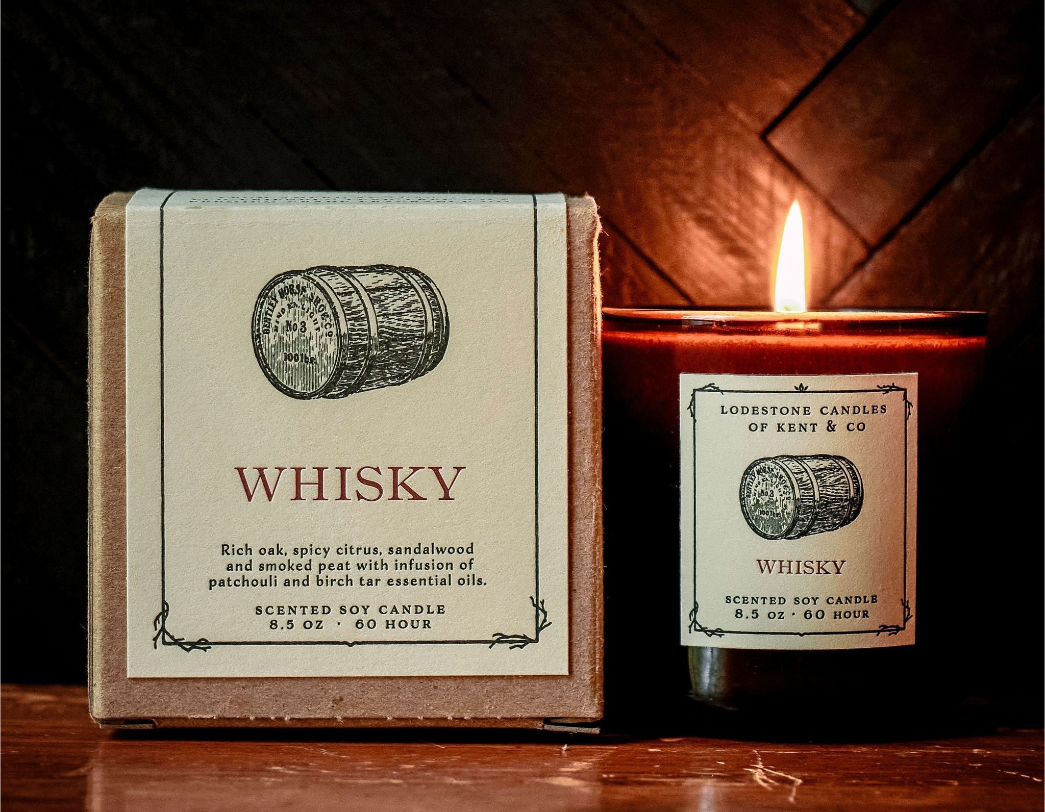 Lodestone Whisky candle with lemon zest and patchouli.