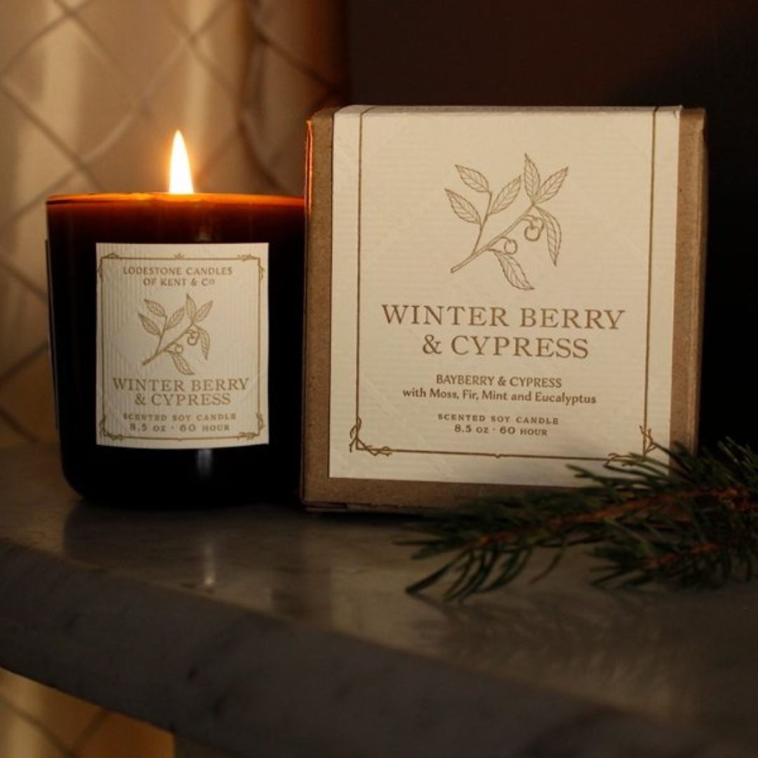 Lodestone Candles Winter Berry & Cypress candle with eucalyptus and fir.