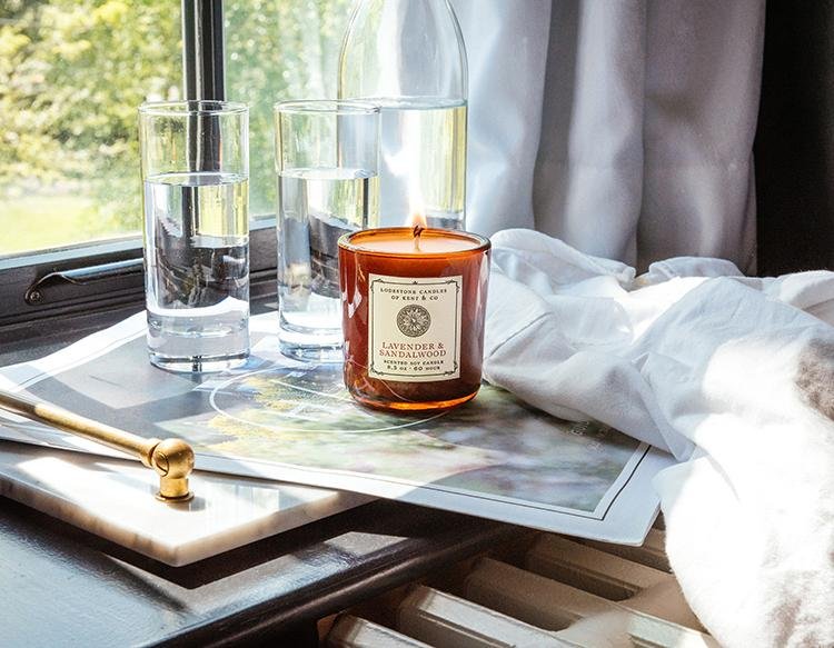 Lodestone Lavender & Sandalwood candle with forest moss and patchouli.