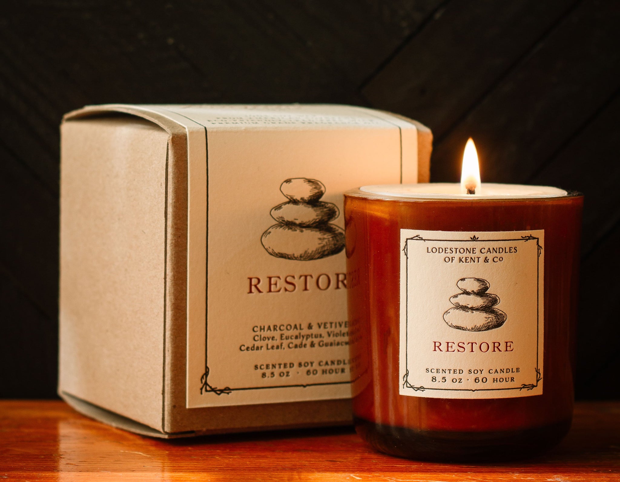 Lodestone Candles Restore soy wax candle with vetiver, eucalyptus, and vanilla.